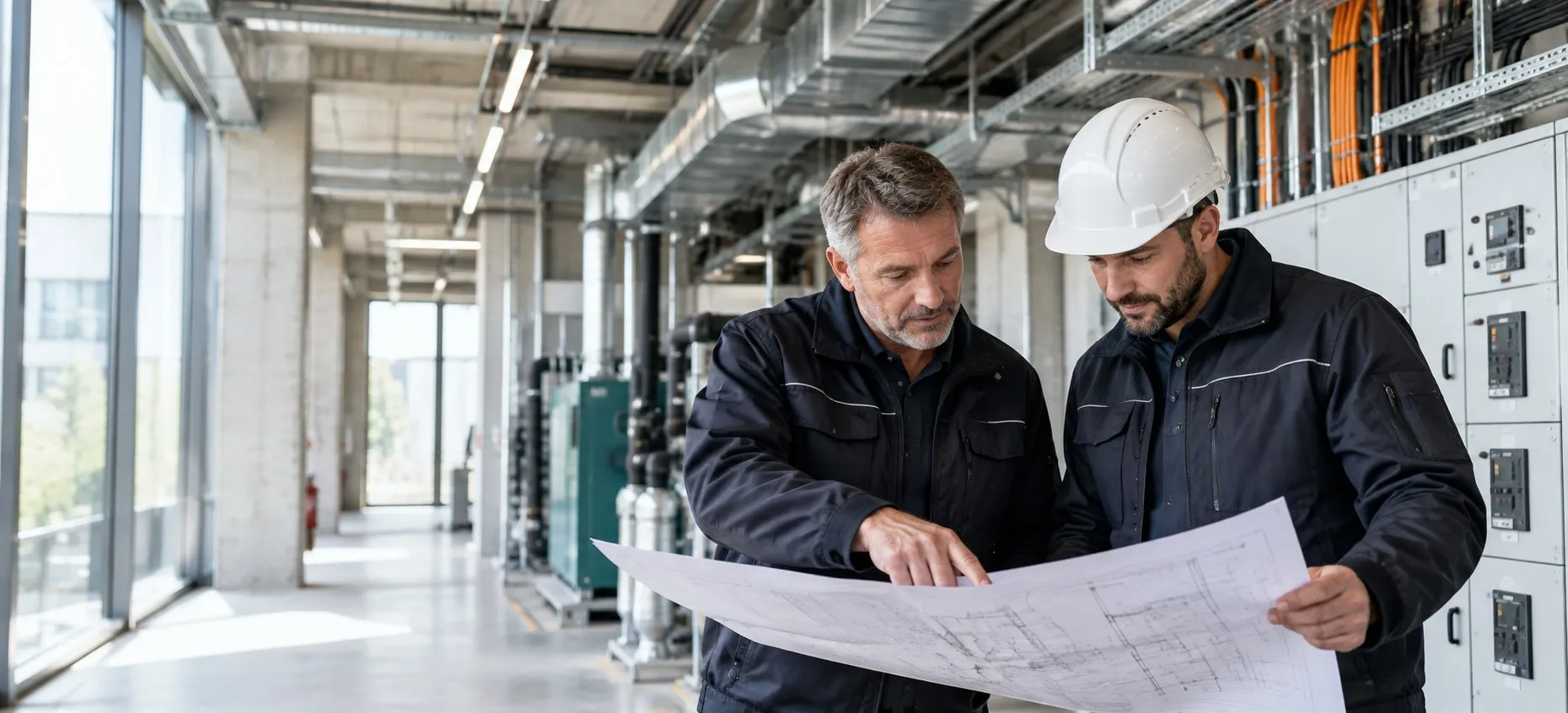 Zwei Techniker besprechen einen Anlagenplan vor technischer Gebäudeausrüstung